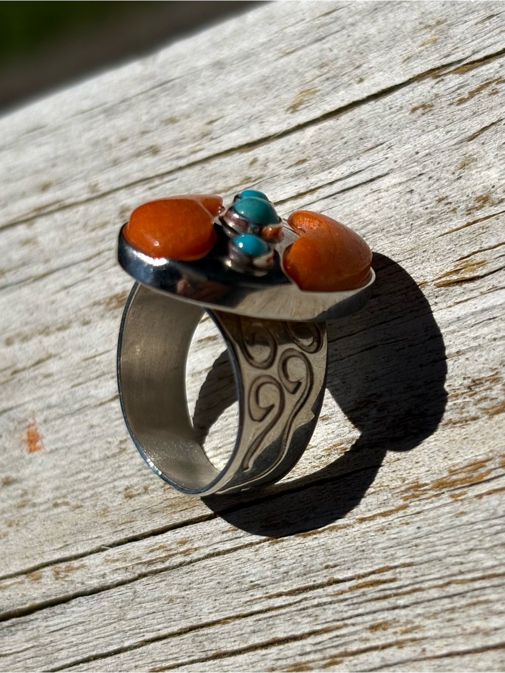 Jay King Sterling Silver & Orange Coral and Turquoise Oval Ring. Size 7 - Picture 14 of 15